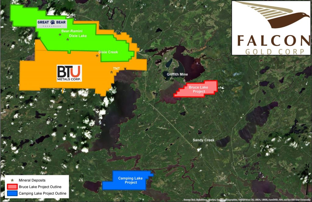 image002 Vancouver, B.C., May 20, 2020. FALCON GOLD CORP. (FG:TSX-V), (3FA:GR); (“Falcon” or “the Company“) is pleased to announce it has applied for an exploration permit on its Bruce Lake Gold Project in the Red Lake Mining Camp. The permit will allow the company to perform overburden trenching, line cutting, and diamond drilling to follow-up on gold targets identified by past operators.