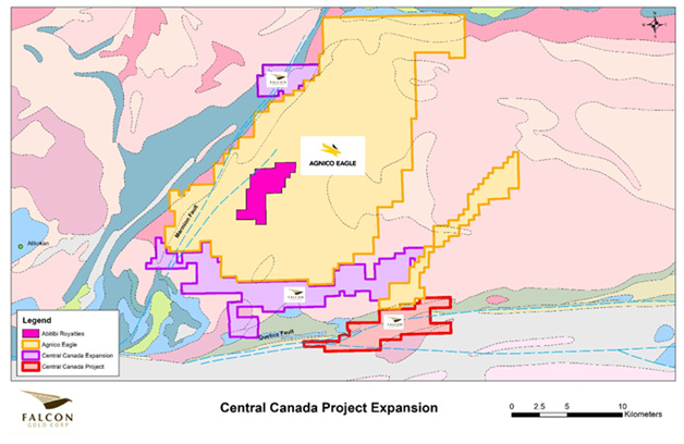Falcon Triples Central Canada Gold Project In Size Falcon Gold Corp Falcon Triples Central Canada Gold Project In Size Vancouver, B.C., July 23, 2020. FALCON GOLD CORP. (FG: TSX-V), (3FA: GR); ("Falcon" or the “Company") is pleased to announce it has acquired an additional 7,477 hectares (“ha”) of mineral claims consisting of 369 units in the rapidly developing Atikokan gold camp, growing the Company’s land position to 10,392 ha. and a new project total of 507 units.  Falcon’s staking has resulted in two new claims groups (see Figure below).  The southern claims group parallels the Quetico Fault Zone and occupies the gap between the original Central Canada property and the property belonging to Agnico Eagle Mines Limited and its Hammond Reef gold deposit.  The northern staked claims are contiguous with the Hammond Reef property on its northern boundary and are located approximately 3.5 km north of the main part of the Hammond Reef gold zone that reportedly hosts a reported Measured and Indicated Resource in the order of 4.5 million ounces (“oz”). 