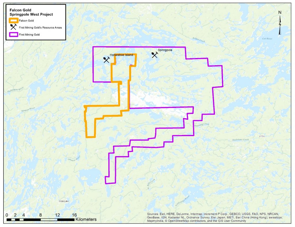image002 Vancouver, B.C., August 25, 2020. FALCON GOLD CORP. (FG:TSX-V), (3FA:GR), (FGLDF:OTC PINKS); (“Falcon” or “the Company“) is pleased to announce it has acquired 4,440 hectares (“ha”) of mining land 110 kilometers (“km”) northeast of Red Lake, ON in the Birch-Uchi Greenstone Belt on Springpole Lake.  Falcon’s new Springpole West Property comprises 197 claims containing 217 units and extends from McNaughton Township northeast for approximately 22 km where its most northeastern cells are less than 4 km from the Springpole Gold deposit.
