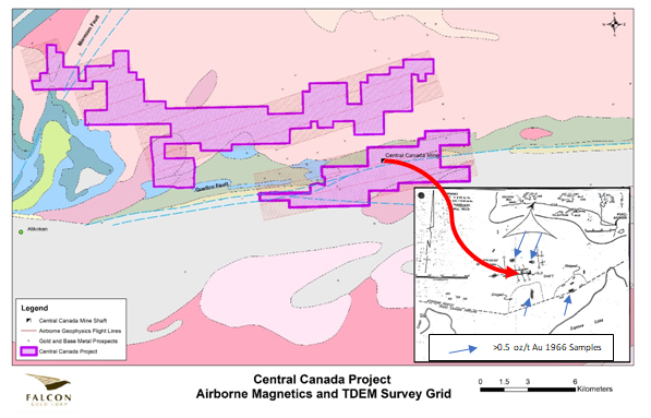 Untitled 1 Vancouver, B.C., October 01, 2020. FALCON GOLD CORP. (FG: TSX-V), (3FA: GR), (FGLDF: OTC PINKS); (“Falcon” or the “Company”) is pleased to announce it has contracted ProspectAir of Gatineau, Québec to complete an airborne geophysics survey of the 10,000-hectare Central Canada Gold Project in Northwestern Ontario. The survey will consist of high-resolution airborne magnetics and time-domain electromagnetic data collection over 1510-line kilometers at 100m spacing. The survey has been optimized based on the local geological trends corresponding to the Central Canada Gold Mine and Jack Lake Mine Trend. The survey will provide high-definition magnetic signatures and electromagnetic conductors which will aid in the delineation of gold bearing lithologies and structures along the prospective trends. The high-resolution data will also assist in determining drill targets at the Central Canada Mine in which gold mineralization is open in both the east and west directions.