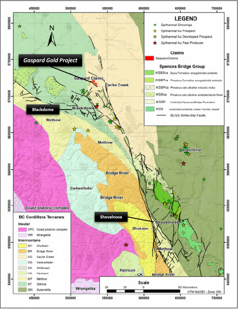 Figure 2. Regional geological and structural setting of the Gaspard Gold Project. Vancouver, B.C., August 11, 2021. FALCON GOLD CORP. (FG: TSX-V), (3FA: GR), (FGLDF: OTCQB); (“Falcon” or the “Company”) is pleased to announce it has commenced field work on its Gaspard Gold Project (the ‘Property’) near Spences Bridge, BC. The Gaspard property is comprised of 3 mineral claims, covering 3,955 hectares in the Clinton Mining District of central British Columbia (Figure 1). The Property covers similar geology to the Spences Bridge Gold Belt (the “SBGB”) that hosts Westhaven Gold Corp.’s (TSXV:WHN) Shovelnose gold project and the Blackdome Zone gold-silver deposit owned by Tempus Resources (ASX:TMR).