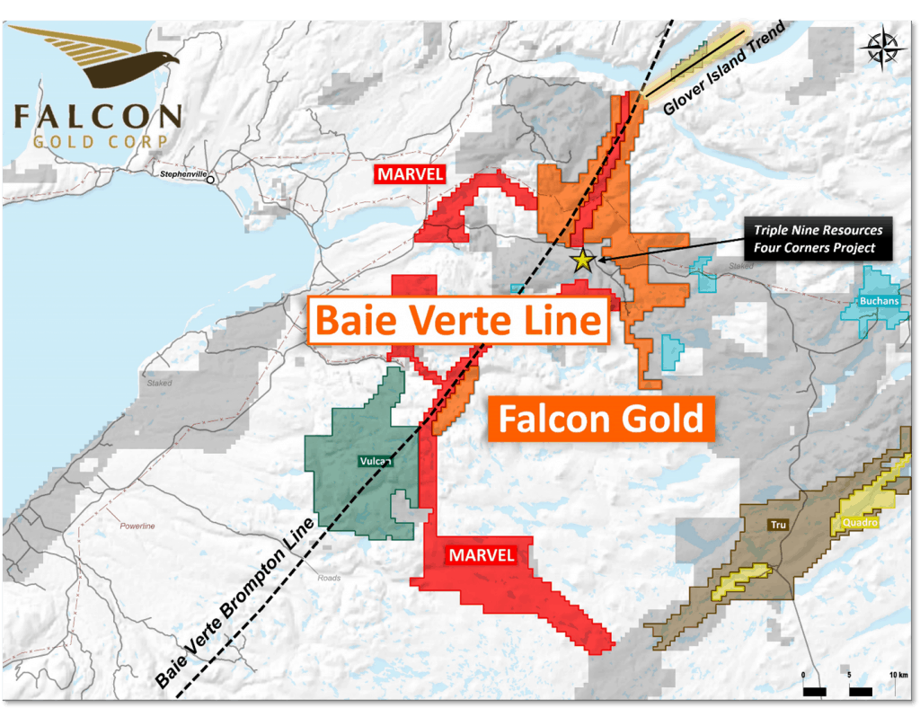 Location of the Falcon Gold acquisition along the BVBL Vancouver, B.C., August 18, 2021. FALCON GOLD CORP. (FG: TSX-V), (3FA: GR), (FGLDF: OTCQB); (“Falcon” or the “Company”) is pleased to announce it has acquired through staking 548 claims (the “Property”) totaling 13,700 hectares located along the Baie Verte Brompton Line, Central Newfoundland Belt. The Baie Verte Peninsula currently hosts all of Newfoundland’s gold production. Producing mines include Anaconda Mining Inc.’s Point Rousse gold mine and Rambler Metals Mining operations. Former producing mines include the Terra Nova Mine, and deposits of the Rambler Mining Camp. All of these mines are in close proximity to the Baie Verte Brompton Line (BVBL).  There are more than 100 gold prospects and zones, many of which are orogenic-style, related to major splays and related second-order structures linked to the Baie Verte Brompton Line. Falcon has acquired ground over a 50km corridor along the BVBL.
