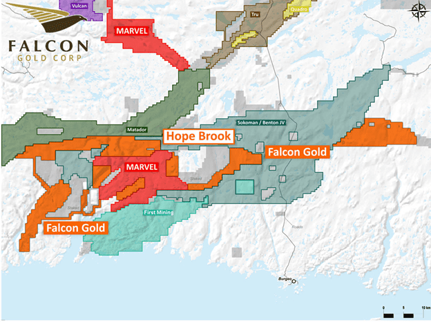 Location of Falcons Hope Brook gold property contiguous to First Mining Matador and the Sokoman Benton joint venture.