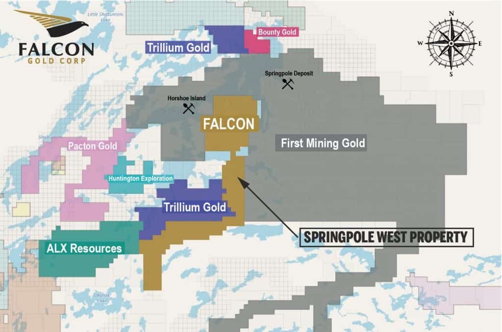 Springpole West Property Falcon Gold Corp Springpole West Property The Property is contiguous to First Mining Gold Corp.’s Springpole Gold Deposit within a similar geological environment. The Springpole Gold Deposit is reported as one of the largest undeveloped gold projects in Canada.