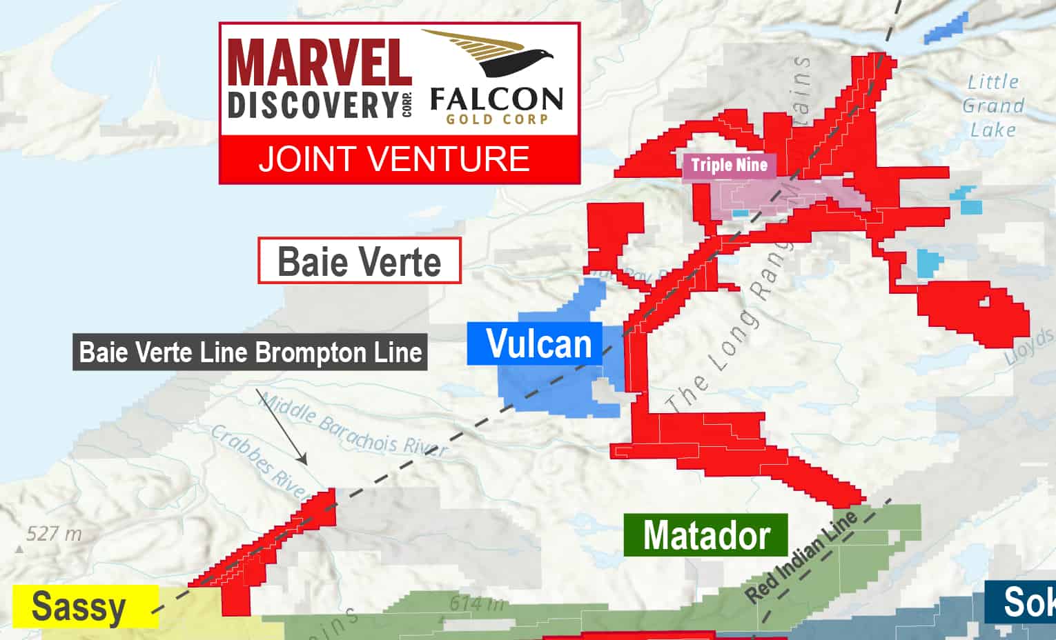 Golden Brook (Falcon - Marvel Joint Venture) Falcon Gold Corp Golden Brook (Falcon - Marvel Joint Venture) Falcon has formed a strategic partnership with Marvel Discovery Corp. with the goal of exploring prospective claims recently acquired in the Hope Brook and Baie Verte Brompton Districts. The combined total of both projects covers 115,170 hectares and will be explored together on 50-50 Joint Venture basis. This Alliance further empowers Falcon and Marvel to work together sharing in the potential upside of this impressive land package while reducing costs and capital.