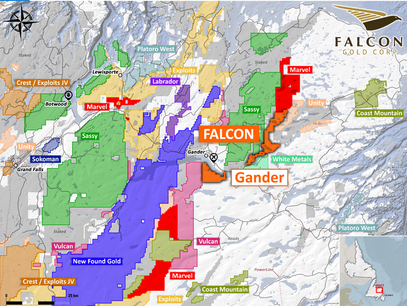 Falcon Gold Acquires 10,150 Hectares in Gander North, Adjacent to Sassy Resources - Plans High Resolution Magnetic Surveys Falcon Gold Corp Falcon Gold Acquires 10,150 Hectares in Gander North, Adjacent to Sassy Resources - Plans High Resolution Magnetic Surveys Vancouver, B.C., January 19th, 2022. FALCON GOLD CORP. (FG: TSX-V), (3FA: GR), (FGLDF: OTCQB); ("Falcon" or the “Company") is pleased to announce it has acquired a significant land position in the Gander North area via staking and cover 406 claims totaling 10,150 hectares. The Company has immediate plans to commence high resolution magnetic surveys upon approval of exploration permits.   These new claims are located 25 kilometers due East of New Found Gold’s Queensway Project and are contiguous to Sassy Resources Gander North Project which Sassy had optioned from Shawn Ryan.
