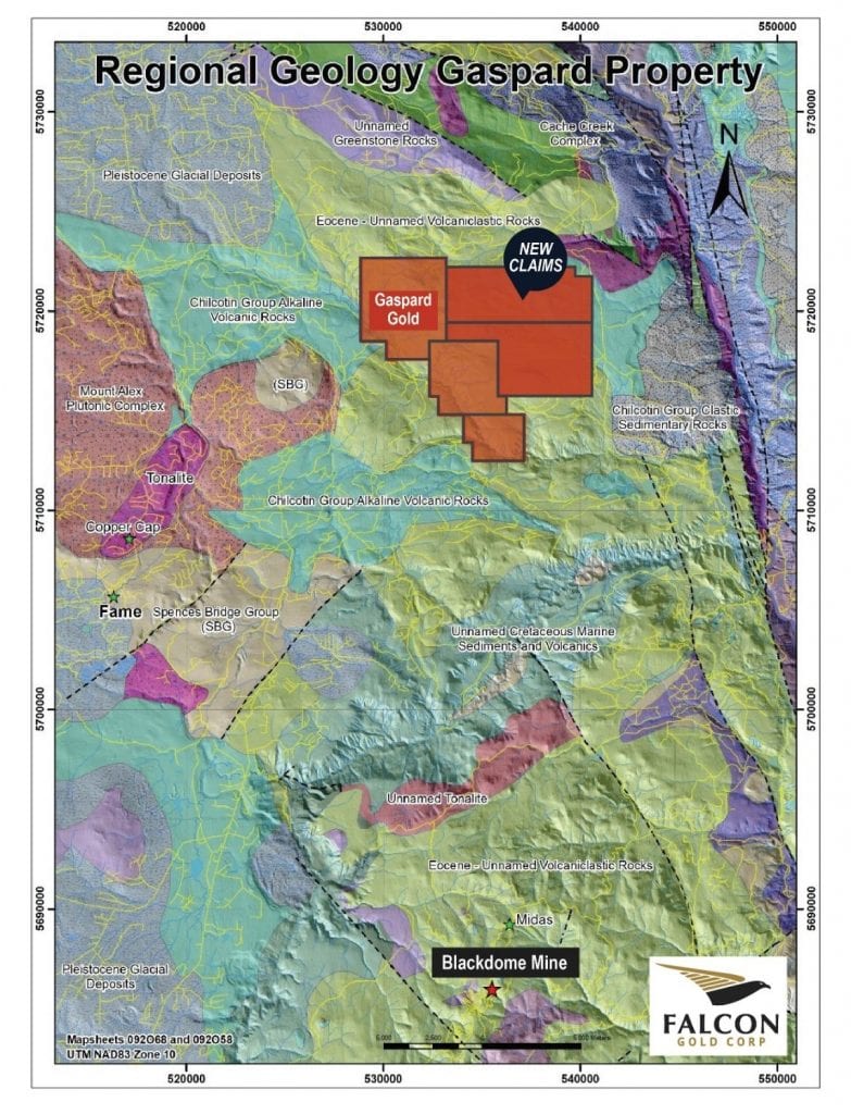 FALCON EXPANDS GASPARD GOLD PROJECT, SPENCES BRIDGE - BLACKDOME & WESTHAVEN DISTRICT Falcon Gold Corp FALCON EXPANDS GASPARD GOLD PROJECT, SPENCES BRIDGE - BLACKDOME & WESTHAVEN DISTRICT The Company holds 8 additional projects. The Esperanza Gold/Silver/Copper mineral concessions located in La Rioja Province, Argentina. The Springpole West Property in the world-renowned Red Lake mining camp; a 49% interest in the Burton Gold property with Iamgold near Sudbury Ontario; and in B.C., the Spitfire-Sunny Boy, Gaspard Gold claims; and most recently the Great Burnt, Hope Brook, and Baie Verte acquisitions adjacent to First Mining, Matador, Benton-Sokoman’s JV, and Marvel Discovery in Central Newfoundland.