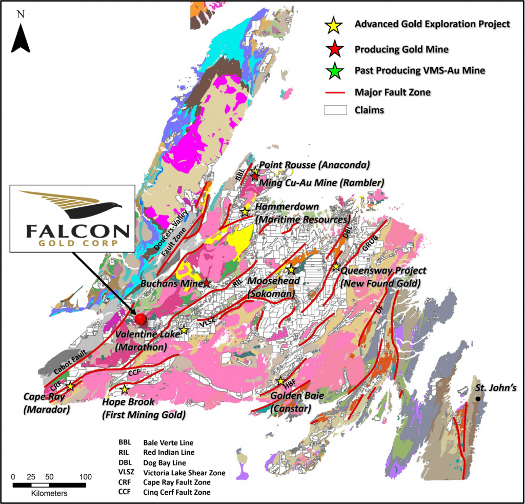 Figure 2. Falcon Golds Valentine South property location between the Valentine structural corridor and the BVBL Cabot Fault.