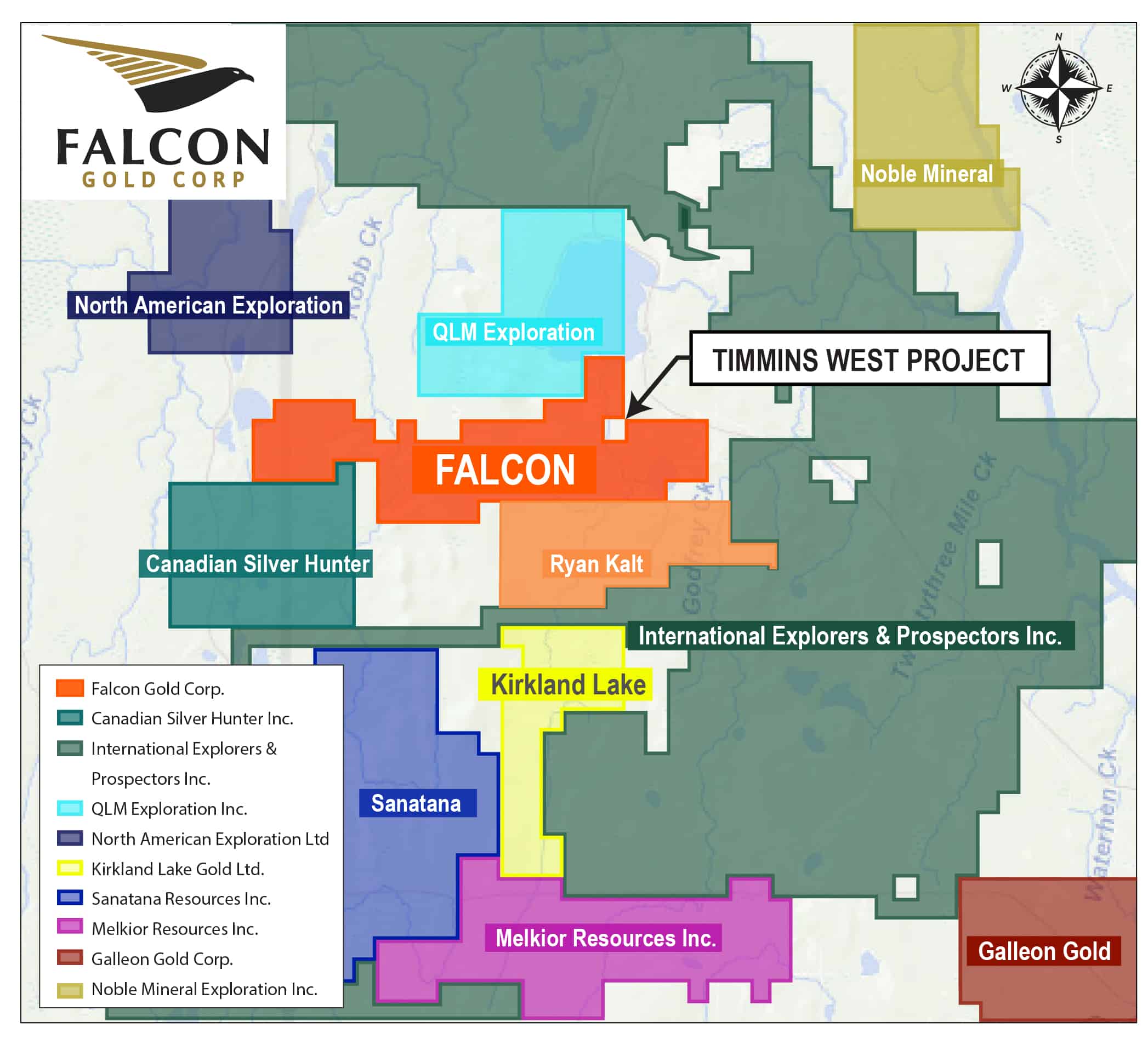 Timmins West Property Falcon Gold Corp Timmins West Property The KGC shares many similarities to other well-known complexes such as the Bushveld Complex (South Africa), the Stillwater Complex (USA) and Bell River Dore Lake Complexes (Quebec) (Barrie, 2000). The Timmins West Ni-Cu-Co property has historically been explored for gold. However, it’s mafic to ultra-mafic composition within the KGC makes it a prime target for magmatic Ni-Cu-Co mineralization. The regional government flown magnetic signature of the KGC suggests a possible layer within the KGC that has the potential to a host a pyrrhotite-rich cumulate layer host to Ni-Cu-Co mineralization. An outcrop grab sample in (AFRI 42A12SE2024, sample 185247) taken in 2004 reported 0.44% Ni, 0.645% Cu, 332 ppm Co, 0.053 g/t Au and 3 g/t Ag. This sample was associated with 10% pyrrhotite in a gabbroic mafic outcrop. Eight (8) additional samples within 15 m of the 185247 also reported anomalous Ni-Cu-Co values.