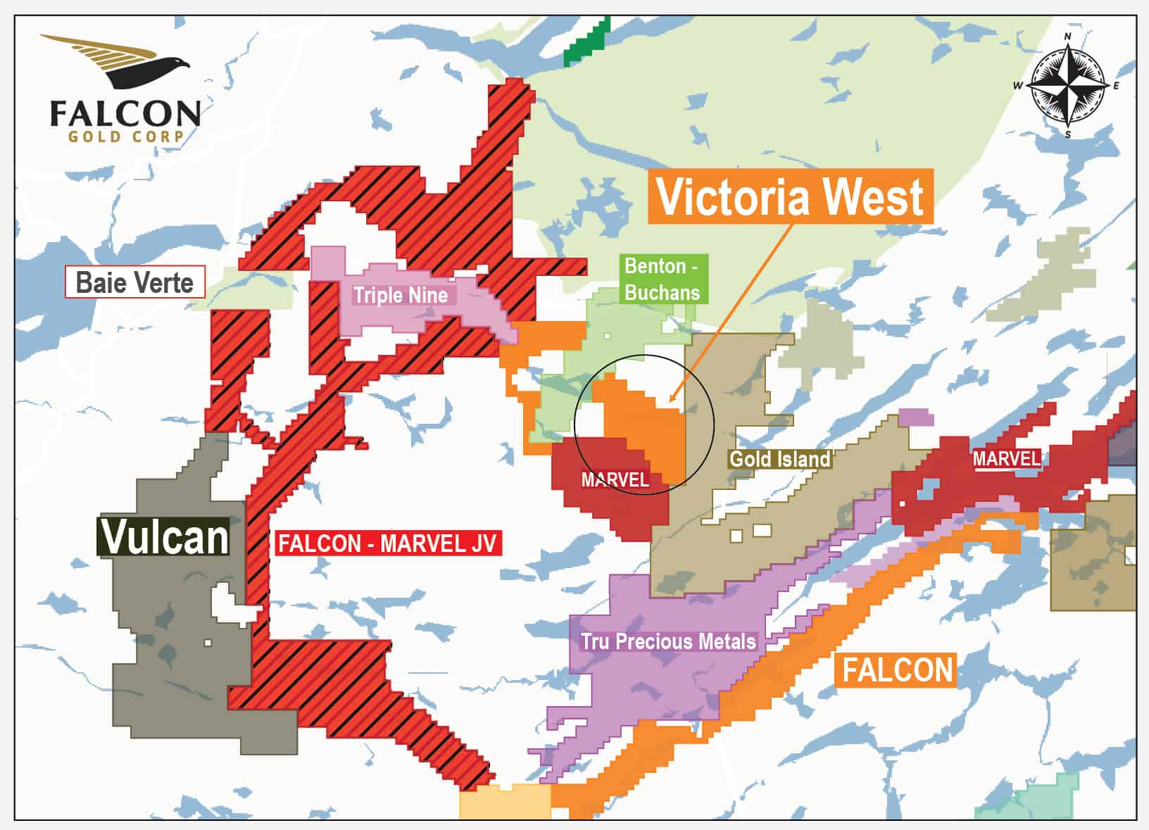 Victoria West, NL Falcon Gold Corp Victoria West, NL Victoria West (the “Property”) consists of 166 claims (4,150 hectares) and is contiguous to Marvel Discovery Corp, Benton Resources, Buchans Minerals Corp. and a significant land package staked by Shawn Ryan.