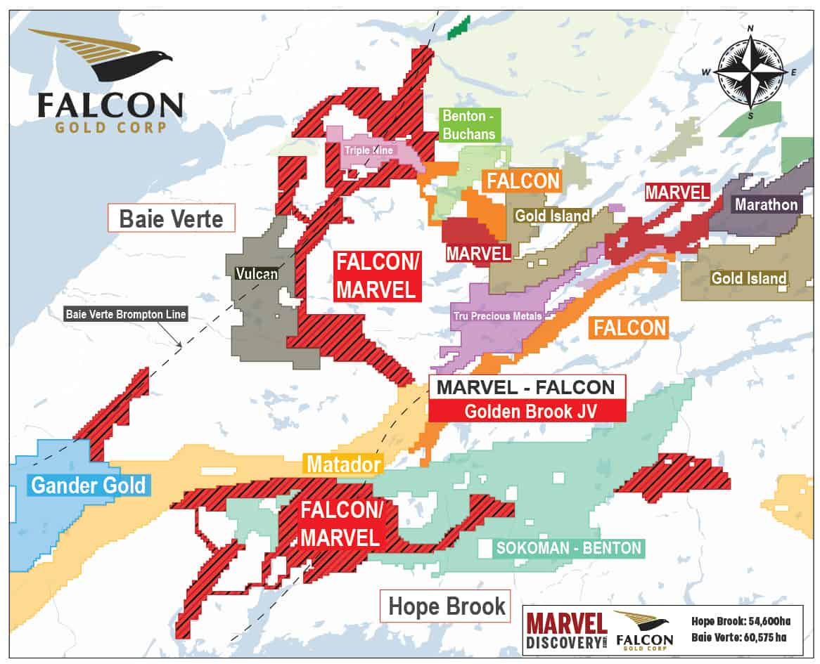 Golden Brook (Falcon - Marvel Joint Venture) Falcon Gold Corp Golden Brook (Falcon - Marvel Joint Venture) Falcon has formed a strategic partnership with Marvel Discovery Corp. with the goal of exploring prospective claims recently acquired in the Hope Brook and Baie Verte Brompton Districts. The combined total of both projects covers 115,170 hectares and will be explored together on 50-50 Joint Venture basis. This Alliance further empowers Falcon and Marvel to work together sharing in the potential upside of this impressive land package while reducing costs and capital.