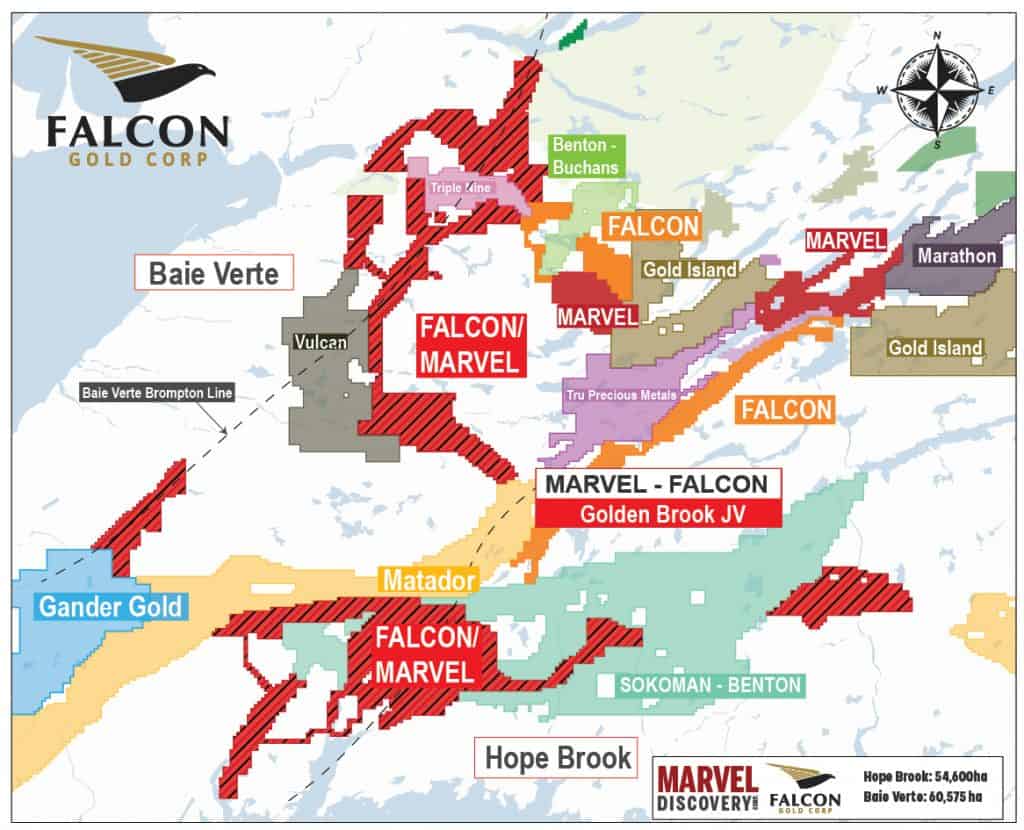 FALCON, CREWS MOBILIZED AT GOLDEN BROOK-KRAKEN PEGMATITE FIELD ADJACENT TO BENTON-SOKOMAN JV NFLD. Falcon Gold Corp FALCON, CREWS MOBILIZED AT GOLDEN BROOK-KRAKEN PEGMATITE FIELD ADJACENT TO BENTON-SOKOMAN JV NFLD. November 15th, 2022, Vancouver, B.C. – Falcon Gold Corp. (TSX-V: FG), (Frankfurt: 3FA:GR), (FGLDF: OTCQB); (“Falcon” or the “Company”)and Marvel Discovery., (TSX-V: MARV), (Frankfurt: O4T:GR), MARVF: OTCQB); and together (“the Alliance”) are pleased to announce that exploration has commenced on their combined Golden Brook Projects in Central Newfoundland, Canada. The Golden Brook Property is strategically located contiguous to Benton-Sokoman’s Golden Hope Project covering the Kraken Pegmatite Field. In addition, the property is situated approximately 7 kilometres from the past producing Hope Brook Gold Mine, the project is interpreted to cover approximately 25 kilometres of the Cape Ray Fault east of Matador’s Cape Ray Gold Project. Recent geophysical review and structural interpretation over the Golden Brook project area, reported September 23, 2022, identified kilometer-scale shear zone corridors, and a major fold closure, interpreted from the magnetics, within the Alliance’s Golden Brook Property area. The Alliance had originally planned to complete high resolution magnetic gradiometer surveys over the project area, a proven method to distinguish structural complexities in geological terranes. The survey work was delayed due to a state of emergency being issued from forest fires in Central Newfoundland. Crews have been mobilized to commence work on the project, with prospecting and till sampling to be completed to verify the target structures and determine their mineralization potential in advance of drilling planned for early 2023. 