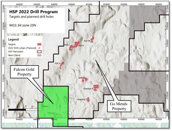 FALCON GOLD ACQUIRES STRATEGIC NICKEL COPPER CLAIM GROUP CONTIGUOUS TO GO METAL’S HSP PROPERTY Falcon Gold Corp FALCON GOLD ACQUIRES STRATEGIC NICKEL COPPER CLAIM GROUP CONTIGUOUS TO GO METAL’S HSP PROPERTY Vancouver, B.C., October 5th, 2022, Falcon Gold Corp. (FG: TSX-V), (3FA: GR), (FGLDF: OTCQB); ("Falcon" or the “Company”)., is pleased to report the acquisition of 413 claims covering 22,302 hectares of strategic ground through an option agreement and staking contiguous and proximal to Go Metals Corp, HSP Nickel Copper PGE Project 130 km north of Havre St. Pierre, Quebec (Figure 1).  The staking covers approximately 135 km of prospective contact of the Havre St. Pierre Anorthositic Complex (HSAP) where Go Metals Corp recently announced the discovery of "Wide Intervals of Nickel and Copper Sulphides”. (Go Metals Press Release Dated September 13, 2022). The most westerly block of the Falcon Gold claims covers the southwest extension of the anorthositic complex, on a prospective fold nose structure and is located less than 2.2 km from prominent airborne TDEM anomalies identified by Go Metals and host to the Nickel-Copper mineralization (Figure 2).