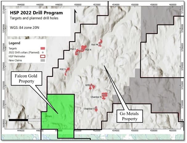 FALCON INCREASES LAND POSITION BY 70% AT HSP SOUTH, NICKEL-COPPER- COBALT-PROJECT NEXT TO GO METALS, QUEBEC Falcon Gold Corp FALCON INCREASES LAND POSITION BY 70% AT HSP SOUTH, NICKEL-COPPER- COBALT-PROJECT NEXT TO GO METALS, QUEBEC Vancouver, B.C., October 25th, 2022, Falcon Gold Corp. (FG: TSX-V), (3FA: GR), (FGLDF: OTCQB); ("Falcon" or the “Company”)., is pleased to report on the expansion of our HSP south project by staking an additional 290 claims. This has increased our total claims to 703, covering 37,962 hectares in the Havre St. Pierre Anorthosite Complex (HSP Property Area) by 70%.