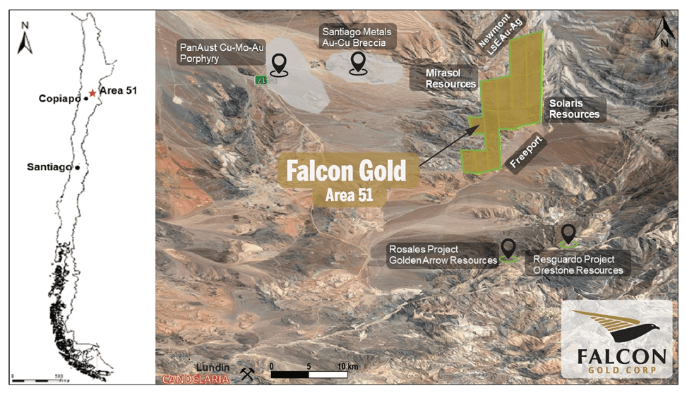 Area 51 Falcon Gold Corp Area 51 “We are very pleased to have acquired such an impressive land package in Chile, the country with the largest copper reserves in the world and one of Latin America’s most stable jurisdictions. The Area 51 project is strategically situated in the same camp as Newmont and Freeport McMoran. This further adds to our new focus of expanding to jurisdictions outside of North America.” Stated Karim Rayani Chief Executive Officer.