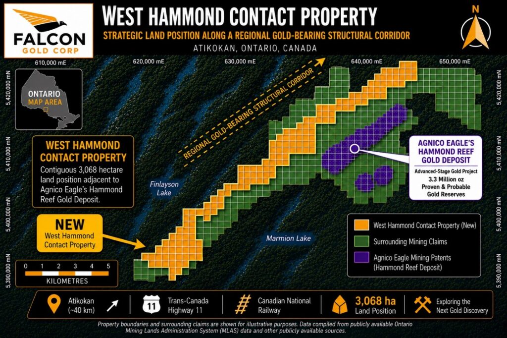 Figure 1. Location of Falcon Gold’s West Hammond Contact Property relative to the Hammond Reef Gold Deposit within the Atikokan – Hammond Reef Gold District, Northwestern Ontario, Canada.